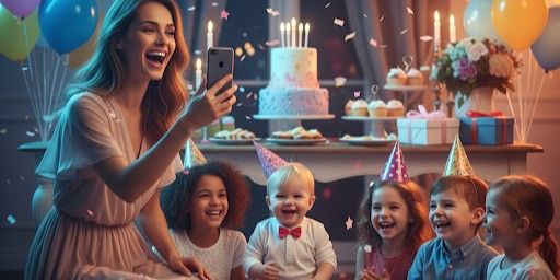 Happy mother taking a photo at a birthday party