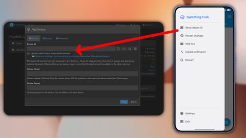Adding a smartphone in Syncthing's settings on a computer